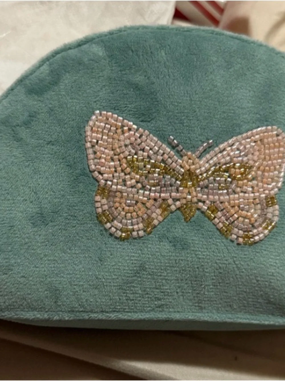 Beaded Butterfly Velvet Cosmetic Pouch - Teal